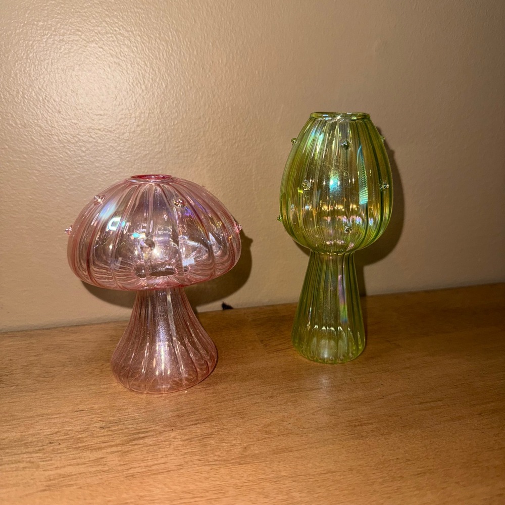 Set of 2 Iridescent Glass Mushroom Bud Vases Pink and Green Toadstool Decor